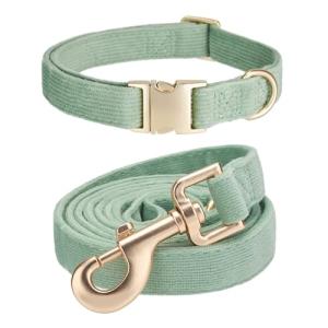 Ewinoom Soft Corduroy Dog Collar and Leash Set Adjustable Durable Dog Collars with Metal Buckle and Lead for Medium Dogs,Grass Green
