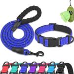 Dynmeow Reflective Dog Collar and Leash Set, 6FT Strong Climbing Rope Leash with Padded Handle, Adjustable Pet Collar with Soft Neoprene Padding for Large Dogs, Navy-Blue, L