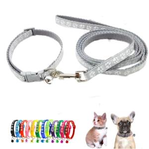 Cat Collars with Bell Leash Set, Nylon Basic Reflective Puppy Collar Boy Girls Paw Print for XXS Xs Small Dog Kitten Pet Animal Tiny,Grey