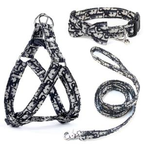 Dog Collar and Harness with Leash Set, Premium Breathable Harnesses for Girl Boy Dogs, No Pull Easy Walking Pet Harness, Black, M