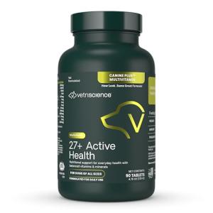 VetriScience 27+ Active Health Chewable Tablets, Canine Plus Daily Multivitamin for Puppies and Adult Dogs, Balanced Vitamins, Minerals and Antioxidants, Health and Wellness Support, Duck, 90 Count