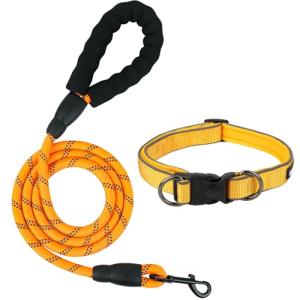 Reflective Heavy Duty Dog Leash Set, Adjustable Soft Neoprene Padded Nylon Collar, Comfortable Padded Handle, for Small to Large Dogs, 5FT (Yellow, Small)