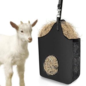INKNOTE Hay Bag Hanging Goat Feeder Tote Premium Oxford Cloth with Metal Ring and Adjustable Strap for Horses Donkeys Cows Alpacas Ostriches or Other Animals Black