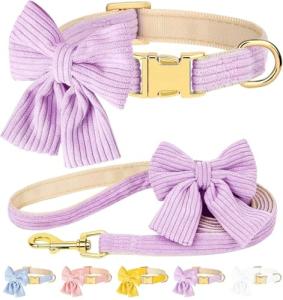 Dog Collar and Leash Set - Metal Buckle Adjustable Puppy Collar, Cute Dog Collar and Leash Set with Flower Bow Tie, Puppy Collar with 5 FT Leash, Soft & Comfortable Collar for Small Medium Dogs-S