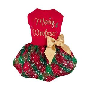 Fitwarm Merry Woofmas 100% Cotton Dog Christmas Outfits Girl Dog Holiday Dress Lightweight Doggie Costume Puppy Clothes Pet Apparel with Bowknot Cat Clothing Red Medium