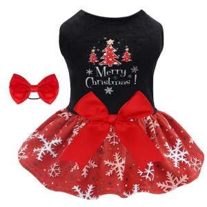 CuteBone Christmas Dog Dresses Velvet Holiday Small Dogs Clothes Onesie Pet Apparel Girl Puppy Skirt with Bow Hair Rope CVA54M-D