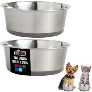 GORILLA GRIP Set of 2 Dog Bowls, Heavy Duty Metal Food and Water Bowl for Feeding Dogs and Cats, Dishwasher Safe, Rust Resistant Stainless Steel, BPA Free Rubber Base, Holds 2 Cups (16 fl oz), Gray