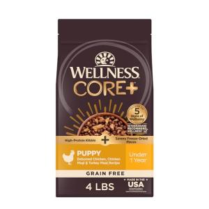 Wellness CORE+ Puppy Dry Dog Food with Freeze Dried Pieces, Grain Free, High Protein, Natural, Chicken & Turkey Recipe, (4-Pound Bag)