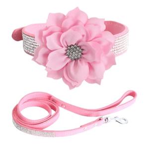 BRT Bearingshui Bling Rhinestone Leather Dog Collar and Leash Set, Soft Leather Sparkling Pink Dog Collar with Flower for Small Medium Female Dogs, S