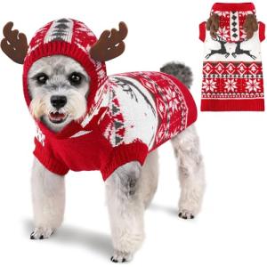 Dog Christmas Sweater Classic Red Pattern Dog Christmas Outfit with Reindeer Antler Hood Soft Warm Knitted Pet Clothes for Small Medium Large Dogs Cats