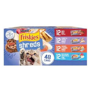 Purina Friskies Wet Cat Food Variety Pack, Shreds With Beef, Turkey and Cheese Dinner, Chicken and Salmon Dinner, and With Ocean Whitefish and Tuna - 48 ct. Can