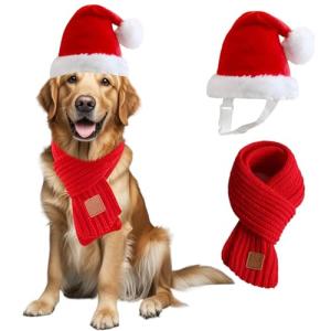 Santa Hat & Scarf Set for Medium Large Dogs, 2 PCS Adjustable Dog Christmas Costume, Fall Winter(Hat & Scarf,Large)