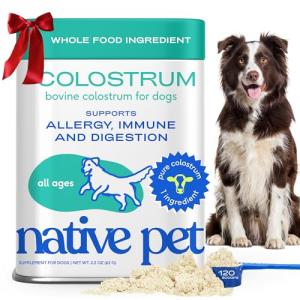 Native Pet Colostrum for Dogs – Bovine Colostrum Powder – Allergy Relief, Immune Support & Itchy Skin Treatment – Dog Multivitamins for Skin & Gut Health – Puppy Milk Replacement & Prebiotic -120 ct.
