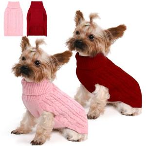 Lorehelina 2 Pack Dog Sweaters for Small Dogs Winter Turtleneck Pullover Cable Knit Fleece Stretch Puppy Doggie Chihuahua Toy Poodle Yorkie Pomeranian Boy Girl Pet Clothes (XS, Pink & Red)
