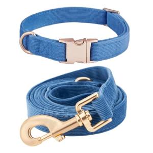 Ewinoom Soft Corduroy Dog Collar and Leash Set Adjustable Durable Dog Collars with Metal Buckle and Lead for Medium Dogs,Royal Blue