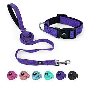 NESTROAD Reflective Dog Collar and Leash Set,Soft Neoprene Pet Collar with Quick Release Buckle,Adjustable Nylon Dog Collars for Small Medium Large Dogs(Medium Collar + 5FT Leash,Purple)