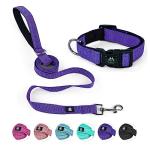 NESTROAD Reflective Dog Collar and Leash Set,Soft Neoprene Pet Collar with Quick Release Buckle,Adjustable Nylon Dog Collars for Small Medium Large Dogs(Medium Collar + 5FT Leash,Purple)