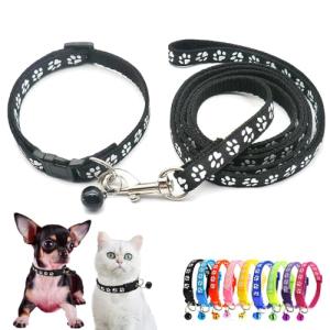 Black XS Dog Collar with Bell Leash Set, Cat Collars Puppy Collar Nylon Soft Adjustable Buckle for XXS XSmall Extra Small Tiny Boy Girl Pets Female Male Kitten Yorkie Teacup Chihuahua X-Small