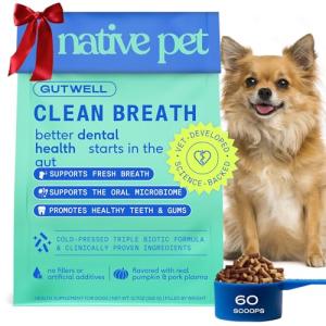 Native Pet GutWell Clean Breath - Dog Breath Freshener & Dog Dental Powder - Teeth Cleaning to Reduce Plaque & Tartar - Promotes Fresh Breath with Targeted Triple-biotic Dental Care Blend - 60 Scoops