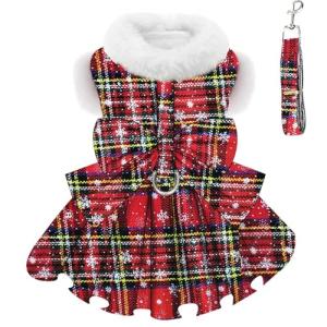 Dog Christmas Sweater Dress with Harness Leash Set Warm Soft Fleece Plaid Clothes for Small Girl Pet Outfit Winter Coat XSmall Dog Dresses