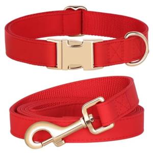 PET ARTIST Soft PU Leather Dog Collar and Leash Set, Bright & Stylish 5FT PU Leather Leash and Collar Set, Durable Pet Collars with Quick Release Metal Buckle for Medium Dogs,Red,M(13-19")