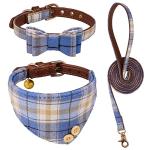 3 PCS Puppy Collar and Leash Set Dog Collars for Small Dogs Dog Bow Tie with Bell Puppy Bandana Leather Dog Collar for Small Dogs Puppies and Cats(Blue)