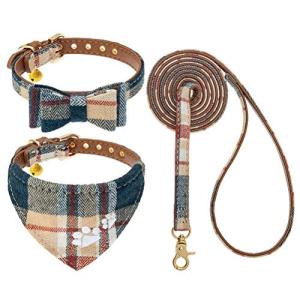 EXPAWLORER Puppy Collar and Leash Set - Plaid Dog Collar and Leash with Bow Tie and Bandana, Bell, Khaki