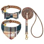 EXPAWLORER Puppy Collar and Leash Set - Plaid Dog Collar and Leash with Bow Tie and Bandana, Bell, Khaki