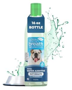 TropiClean Fresh Breath Water Additive for Dogs with Prebiotics, Gut Health for Dogs, Breath Freshener and Teeth Cleaning Solution, 16oz.