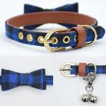 3PCS Bow Tie Dog Collar and Leash Set Plaid/Camo/Dots/Flower Dog Bandanas with Bell 3 Size Adjustable for Small Dogs Puppies and Cats (XS, Blue Plaid 1)