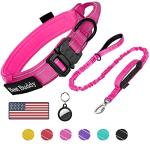 AUBELL Tactical Dog Collar and Leash Set, Reflective Adjustable Heavy Duty Military K9 Collars with Handle and Metal Buckle for Large Dogs, with Airtag Case and 2 Patches(Pink,L)