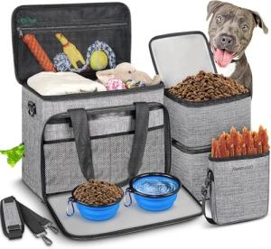 Abrimelodi 6 Set Dog Travel Bag, Large Pet Travel Kit for Supplies Includes 2 Food Containers, 1 Travel Organizer for Dogs, 2 Collapsible Bowls, 1 Treat Pouch, Dog Weekend Overnight Travel Bag Luggage