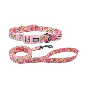 Olahibi Dog Collar and Leash Set, Lily Floral Pattern, Polyester Material, 5ft Leash, for Small Dogs.(S, Pink Lily)