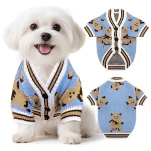 XGDMEIL Small Dog Sweaters Cute Bear Knitted Dog Cardigans Clothes for Small Medium Dogs Soft Pet Puppy Cat Knitting Outfits Fall Winter Warm Boy Girl Dogs Knitwear Coat Apparel（Blue,X-Small）