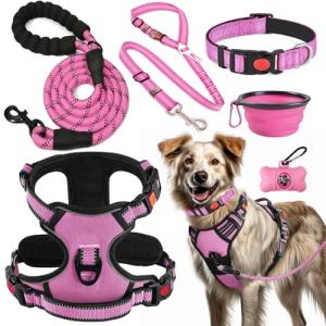 LOBEVE No Pull Dog Harness, Collar & Leash Set | Includes Dog Seat Belt, Collapsible Bowls & Poop Bag Dispenser. Ideal for Training, Walking, Hiking. Fits Small to Large Dogs(Pink-L)