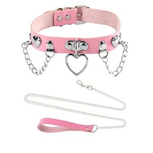 Dogs Pet Pink Leather Choker Collar with Chain Leash Set Heart Pendant Necklace Emo Gothic Accessories