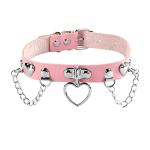Dogs Pet Pink Leather Choker Collar with Chain Leash Set Heart Pendant Necklace Emo Gothic Accessories