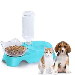 MILIFUN Double Dog Cat Bowls - Pets Water and Food Bowl Set, 15°Tilted Water and Food Bowl Set with Automatic Waterer Bottle for Small or Medium Size Dogs Cats