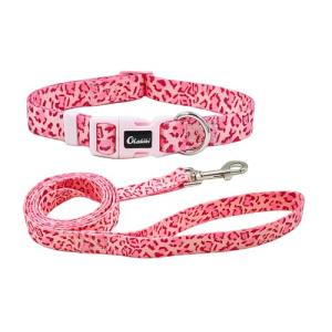 Olahibi Dog Collar Leash Set, Leopard Pattern, Polyester Material, Adjustable Collar and 5ft Matching Leash, for Small Dogs.(S, Pink Leopard)