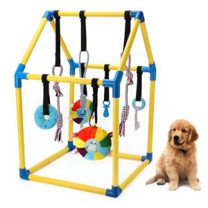 Lonepetu Puppy Play Gym with 8 Hanging Toys, Indoor Jungle Gym Toys for Small Dogs with PVC Frame, Interactive Puppy Toy with Bungee Straps for Entertainment Funny Teething and Mental