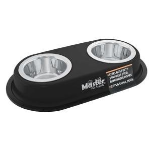 Master Pet Supply Double Dog Bowls Set with Elevated Base and 2 (8 oz) Stainless Steel Removable Dishes (Black Velvet) – Double Cat Food Water Bowl, Dog Puppy Food Bowl Set, Rust Resistant