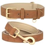 Beirui Soft Padded PU Leather Dog Collar and Leash Set, Durable Dog Leash and Collar Set with Metal Buckle, Breathable Pet Collars with 4FT Leash for Small Dogs（Brown, Neck 11-15"