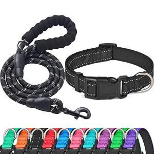 Ladoogo Reflective Dog Collar Padded with Soft Neoprene Breathable Adjustable Nylon Dog Collars for Small Medium Large Dogs (Medium (Pack of 1), Black Collar+Leash)