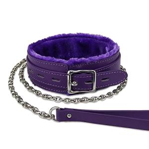 Gothic Leather Choker Collar, PU Leather Fur Lined Collars Necklace with Long and Durable Detachable Leash Chain Pet Collars, Purple