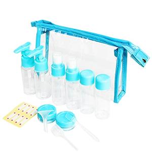 Vitog Travel Bottles Kit, TSA Approved Leak Proof Portable Toiletry Containers Set, Clear flight size PET Cosmetic Containers for Lotion, Shampoo, Cream, Soap, Set of 11 (Blue+Plastic)