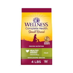 Wellness Complete Health Small Breed Dry Dog Food with Grains, Natural Ingredients, Made in USA with Real Turkey, For Dogs Up to 25 lbs (Adult, Healthy Weight Turkey & Rice, 4-Pound Bag)