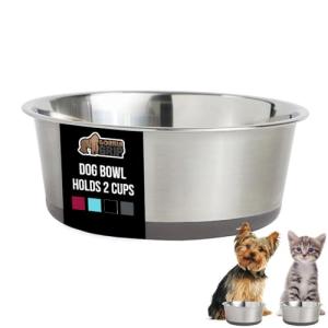 GORILLA GRIP Set of 2 Dog Bowls, Heavy Duty Metal Food and Water Bowl for Feeding Dogs and Cats, Dishwasher Safe, Rust Resistant Stainless Steel, BPA Free Rubber Base, Holds 2 Cups (16 fl oz), Gray
