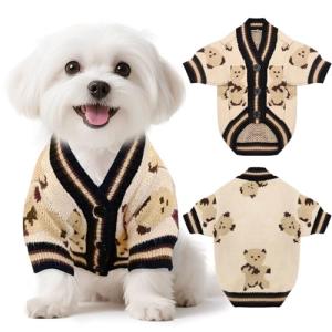 XGDMEIL Small Dog Sweaters Cute Bear Knitted Dog Cardigans Clothes for Small Medium Dogs Soft Pet Puppy Cat Knitting Outfits Fall Winter Warm Boy Girl Dogs Knitwear Coat Apparel(Beige, X-Small)
