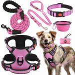 LOBEVE No Pull Dog Harness, Collar & Leash Set | Includes Dog Seat Belt, Collapsible Bowls & Poop Bag Dispenser. Ideal for Training, Walking, Hiking. Fits Small to Large Dogs(Pink-XL)