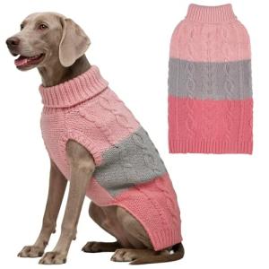 EXPAWLORER Dog Sweater with Leash Hole - Large Dogs Fall Sweaters for Girls Boys,Classic Turtleneck Knitwear Dog Clothes for Cold Weather, Cable Knit Dogs Outfit,Coat,Pet Apparel(Pink&Grey,L/XL)